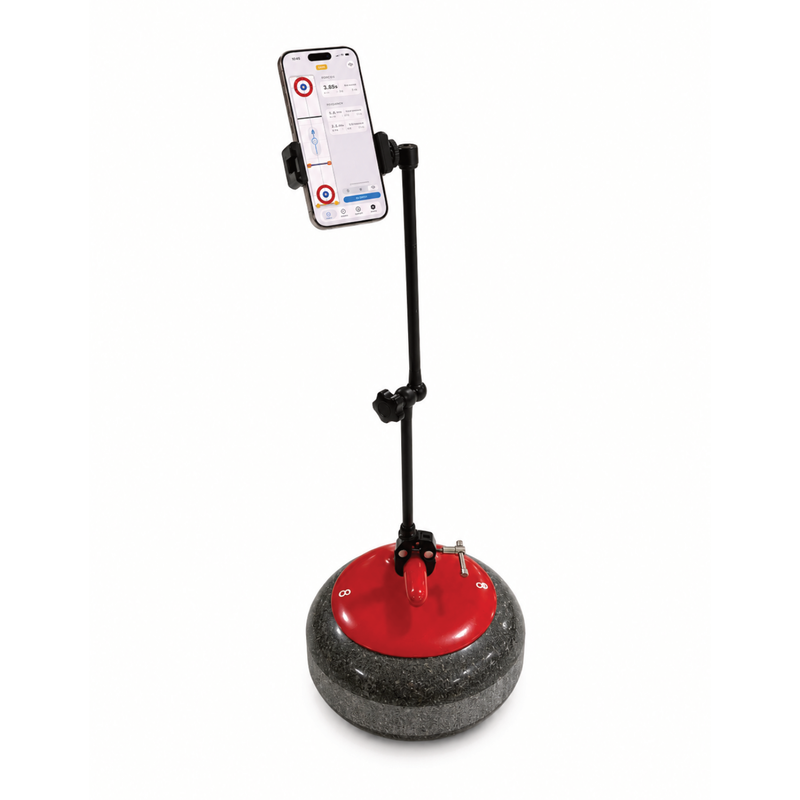 RockArm holding a phone upright above a red-handled curling rock