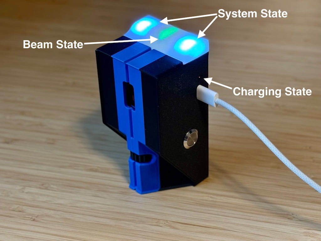 SmartBeam with labels identifying the beam state, system state, and charging state LEDs